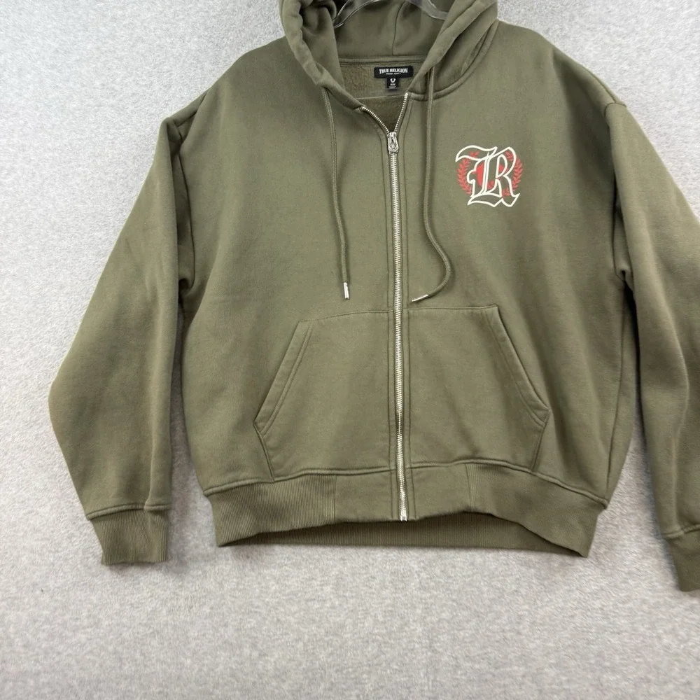 True Religion Men's Cinched Multi Print Green Full Zip Up Hoodie Size M Buddha